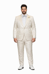 Men’s Champaign Ivory Jacquard Paisley Tuxedo Suit with Satin Shawl Lapel – Elegant Wedding and Prom Outfit By Rossiman