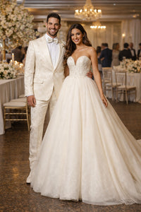 Men’s Champaign Ivory Jacquard Paisley Tuxedo Suit with Satin Shawl Lapel – Elegant Wedding and Prom Outfit By Rossiman