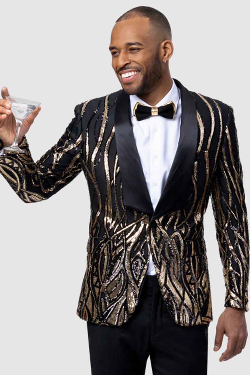 Men's Black and Gold Shawl Lapel Tuxedo with Jacquard Texture – Wedding & Prom Suit