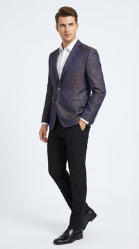 Men’s Navy Blue Plum Burgundy and Gold Jacquard Blazer – Elegant Two Button Formal Dinner Jacket Sport Coat Paisley Floral