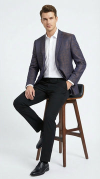 Men’s Navy Blue Plum Burgundy and Gold Jacquard Blazer – Elegant Two Button Formal Dinner Jacket Sport Coat Paisley Floral