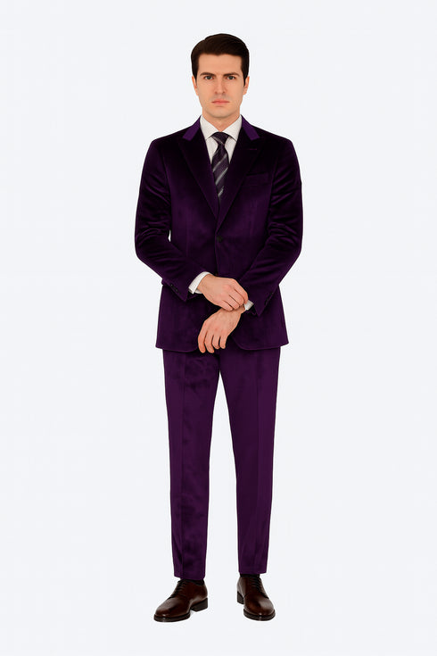 Tazzio Men’s Purple Velvet Tuxedo Style Suit – Peak Lapel Slim Fit 2-Piece Set
