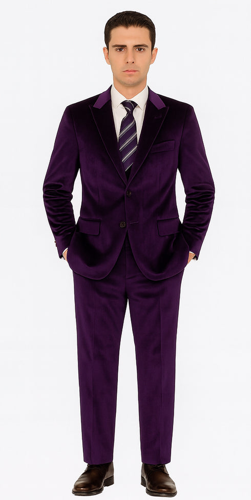 Tazzio Men’s Purple Velvet Tuxedo Style Suit – Peak Lapel Slim Fit 2-Piece Set