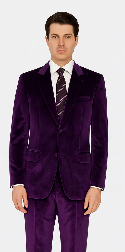 Tazzio Men’s Purple Velvet Tuxedo Style Suit – Peak Lapel Slim Fit 2-Piece Set