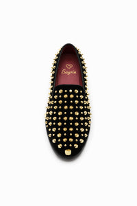 Men’s Studded Velvet Loafers – Designer Party and Prom Dress Shoes with Gold and Silver Spikes