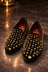 Men’s Studded Velvet Loafers – Designer Party and Prom Dress Shoes with Gold and Silver Spikes
