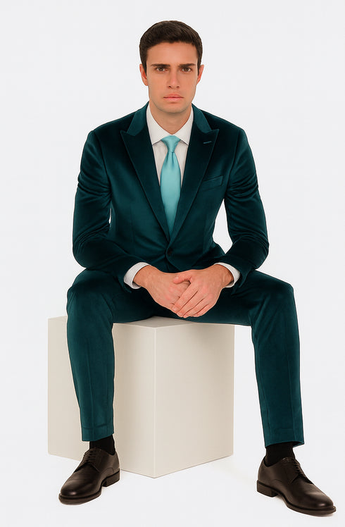 Tazzio Men’s Teal Velvet Suit – Skinny Fit 2-Piece Peak Lapel Formal Set