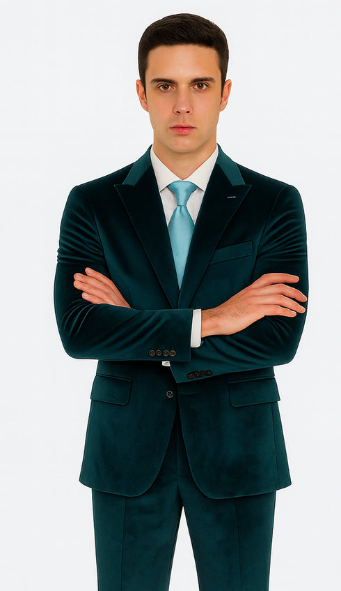 Tazzio Men’s Teal Velvet Suit – Skinny Fit 2-Piece Peak Lapel Formal Set