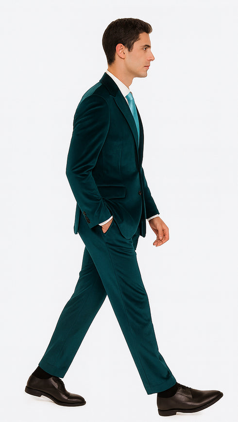 Tazzio Men’s Teal Velvet Suit – Skinny Fit 2-Piece Peak Lapel Formal Set