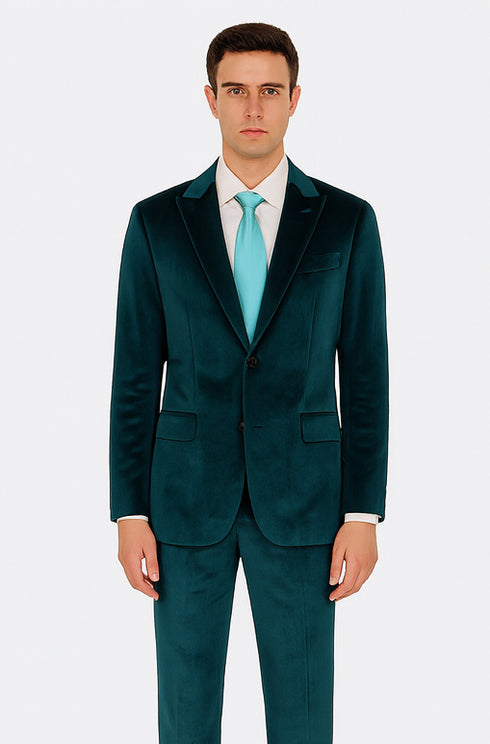 Tazzio Men’s Teal Velvet Suit – Skinny Fit 2-Piece Peak Lapel Formal Set