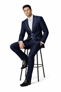 Western Suit - Cowboy Tuxedo With Trim Collar - Slim Fitted Jacket And Pants - Blue and White Tuxedo
