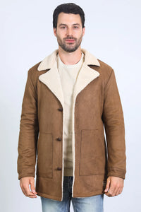 Mens Western Cowboy Long Coat – Brown Faux Suede Frontier Style Jacket