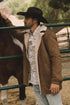 Mens Western Cowboy Long Coat – Brown Faux Suede Frontier Style Jacket