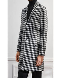 Men's Black and White Houndstooth Lapel Collar Single Breasted Tweed Overcoat