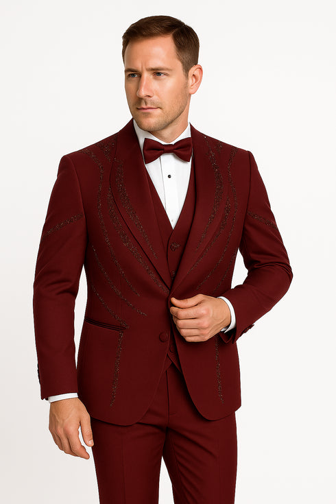Men’s Burgundy Italian Wool 3-Piece Modern Formal Tuxedo