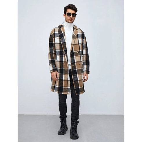 Men's Khaki Plaid Lapel Neck Double