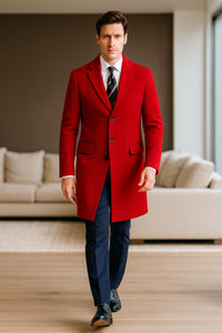 Mens Red Pea Coat-Three Quarter Wool Car Coat