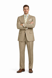 Mens 2 Button Classic Fit Pleated Pant Suit in Khaki