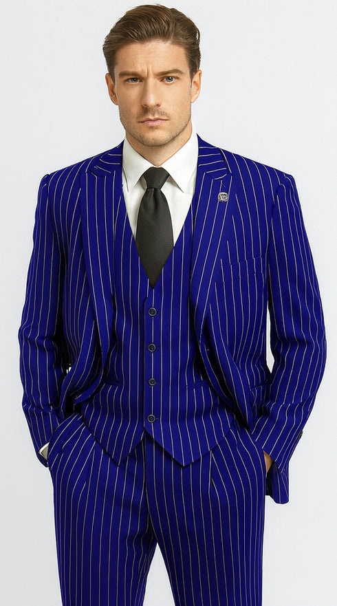 Mens 2 Button Gangster Pinstripe Pattern Suit in Black