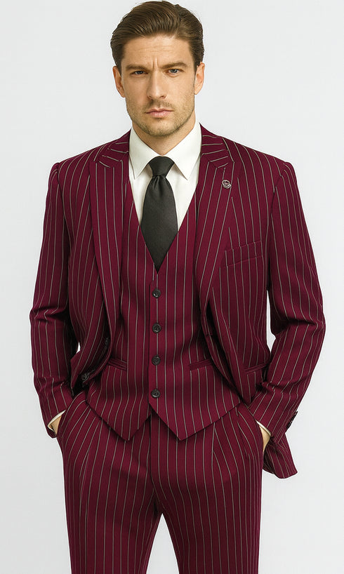 Mens 2 Button Gangster Pinstripe Pattern Suit in Black