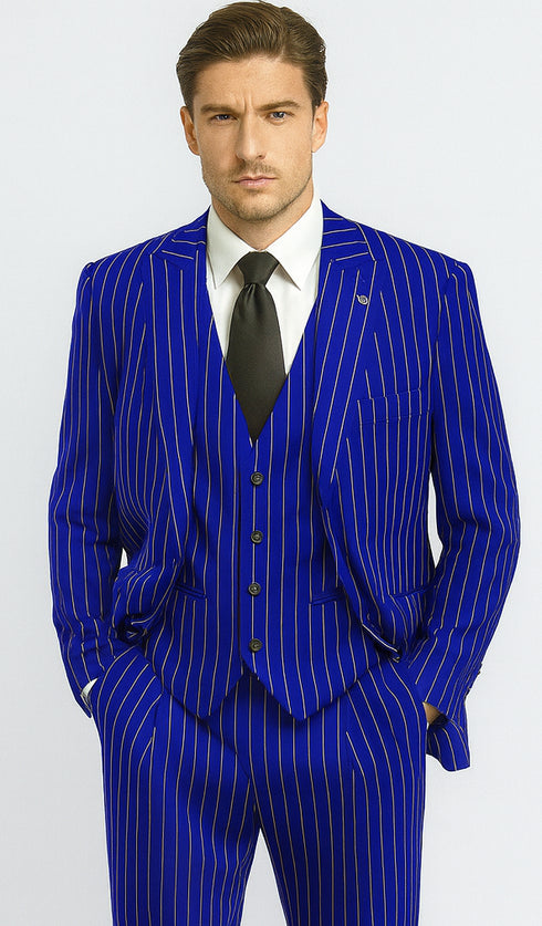 Mens 2 Button Gangster Pinstripe Pattern Suit in Black