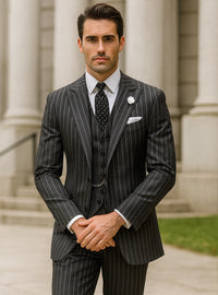 Mens 2 button Gangster Pinstripe Suit in Black & White
