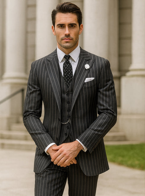 Mens 2 button Gangster Pinstripe Suit in Black & White