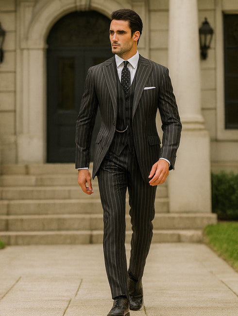 Mens 2 button Gangster Pinstripe Suit in Black & White