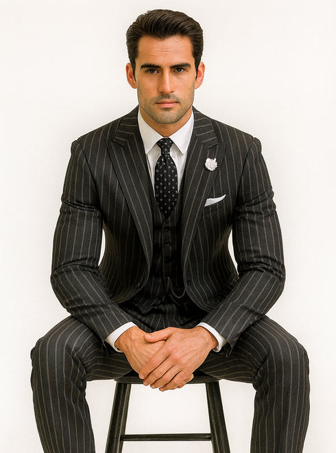 Mens 2 button Gangster Pinstripe Suit in Black & White