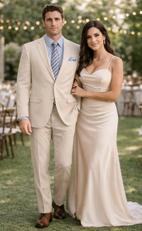 Men's 2PC Summer Seersucker Modern Fit Suit in Tan Pinstripe