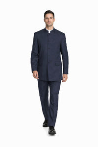Mens 5 Button Mandarin Collar Suit in Navy Pinstripe