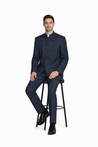 Mens 5 Button Mandarin Collar Suit in Navy Pinstripe