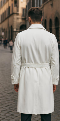 Men's Belted Wool Topcoat – White Alberto Belt Overcoat for Winter Style
