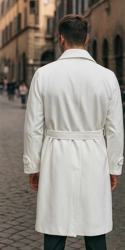 Men's Belted Wool Topcoat – White Alberto Belt Overcoat for Winter Style