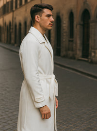 Men's Belted Wool Topcoat – White Alberto Belt Overcoat for Winter Style