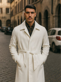 Men's Belted Wool Topcoat – White Alberto Belt Overcoat for Winter Style