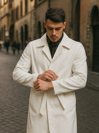 Men's Belted Wool Topcoat – White Alberto Belt Overcoat for Winter Style