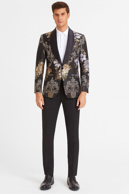 Men’s Black and Gold and Silver Floral Jacquard Blazer with Satin Shawl Lapel Tuxedo Suit With Black Pants with Bowtie