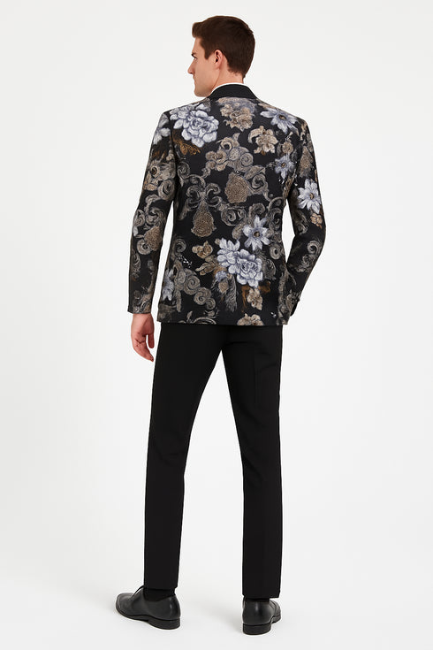 Men’s Black and Gold and Silver Floral Jacquard Blazer with Satin Shawl Lapel Tuxedo Suit With Black Pants with Bowtie