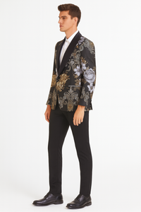 Men’s Black and Gold and Silver Floral Jacquard Blazer with Satin Shawl Lapel Tuxedo Suit With Black Pants with Bowtie