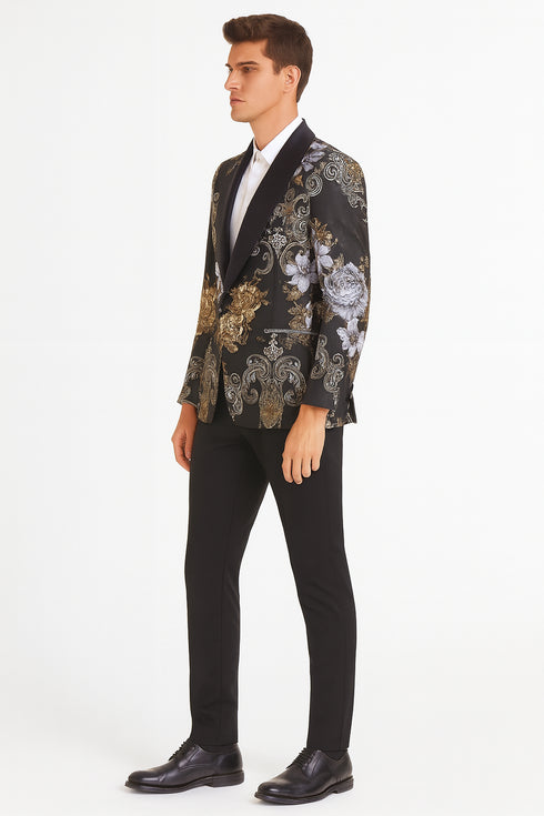 Men’s Black and Gold and Silver Floral Jacquard Blazer with Satin Shawl Lapel Tuxedo Suit With Black Pants with Bowtie