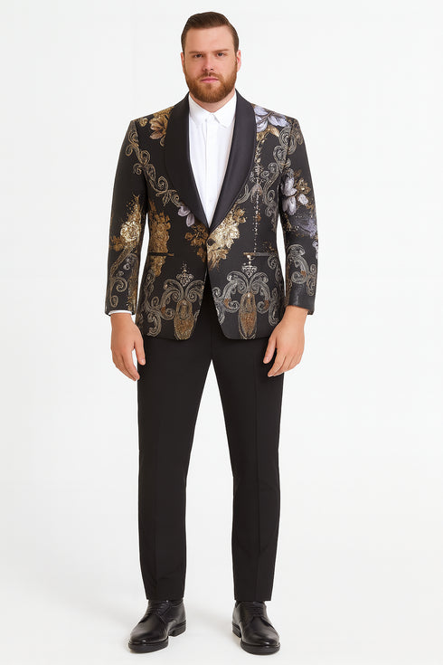 Men’s Black and Gold and Silver Floral Jacquard Blazer with Satin Shawl Lapel Tuxedo Suit With Black Pants with Bowtie