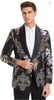 Men’s Black and Gold and Silver Floral Jacquard Blazer with Satin Shawl Lapel Tuxedo Suit With Black Pants with Bowtie