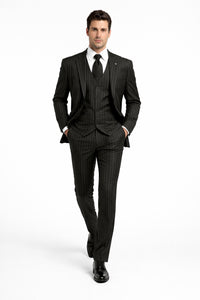Men's Black And White Gangster Bold PinStripe Mars Vested 3 Piece Fashion Suit