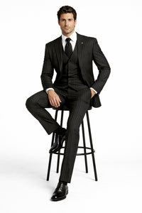 Men's Black And White Gangster Bold PinStripe Mars Vested 3 Piece Fashion Suit