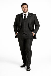 Men's Black And White Gangster Bold PinStripe Mars Vested 3 Piece Fashion Suit