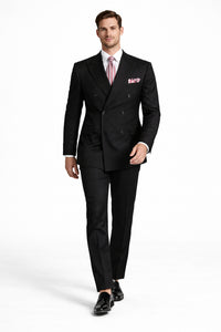 Mens Black Double Breasted Suit - Mens Classic Double Breasted Luxury Wool Feel Suit in Black