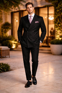 Mens Black Double Breasted Suit - Mens Classic Double Breasted Luxury Wool Feel Suit in Black