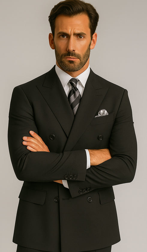 Mens Black Double Breasted Suit - Mens Classic Double Breasted Poplin Suit in Black