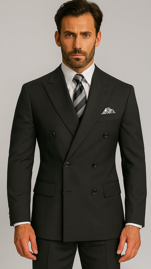 Mens Black Double Breasted Suit - Mens Classic Double Breasted Poplin Suit in Black